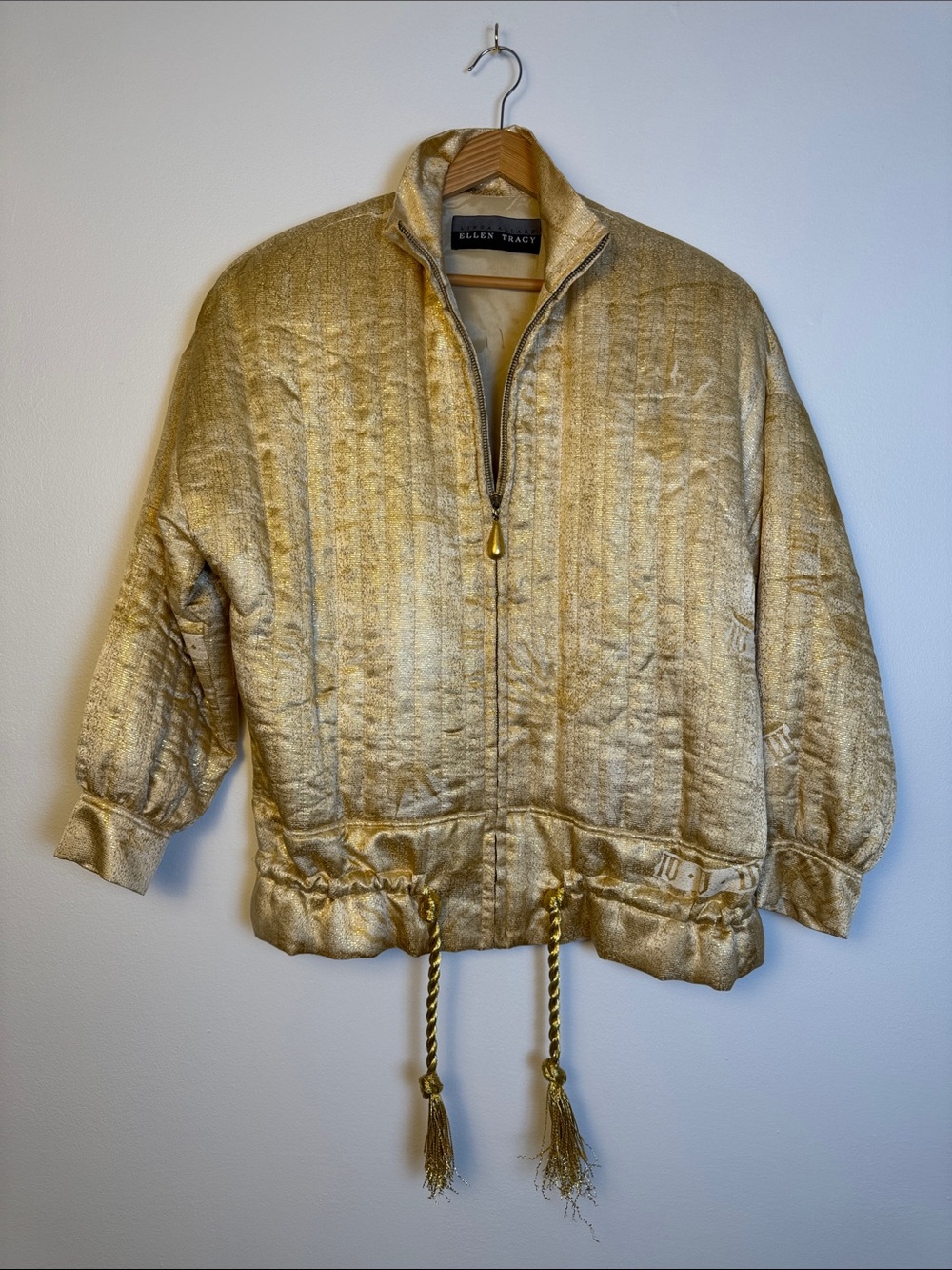 Vintage Linda Allard Ellen Tracy Gold Quilted Silk Bomber Jacket Tassels S